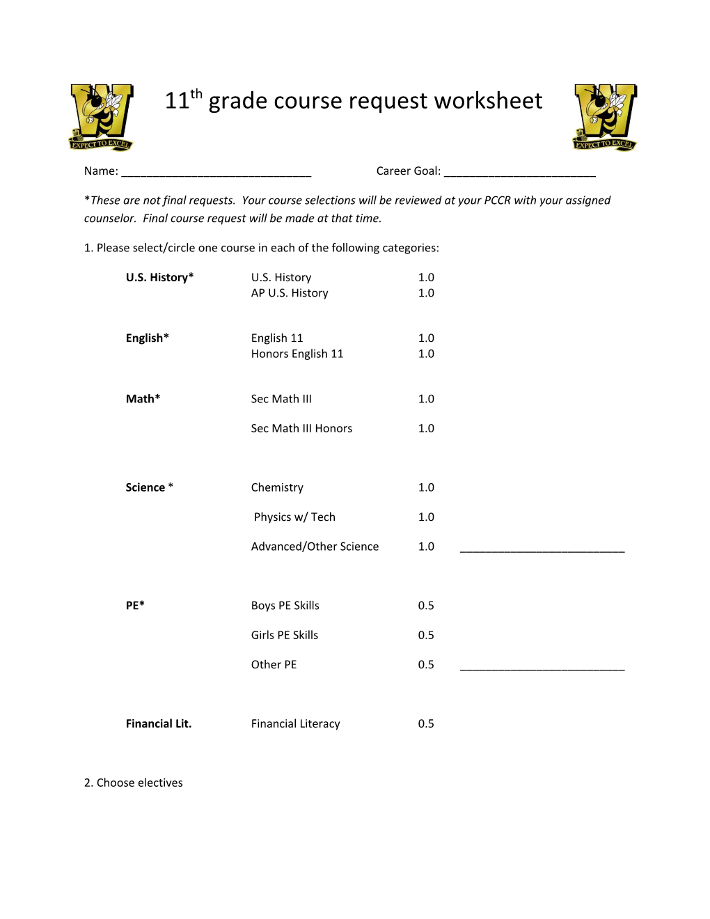 11Th Grade Course Request Worksheet