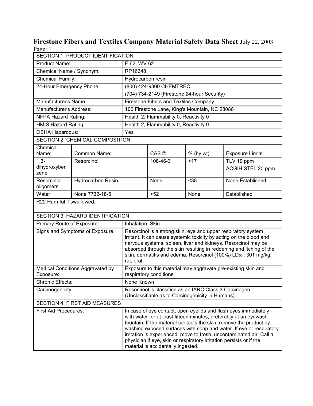 Firestone Fibers and Textiles Company Material Safety Data Sheet July 10, 2003 Page: 1