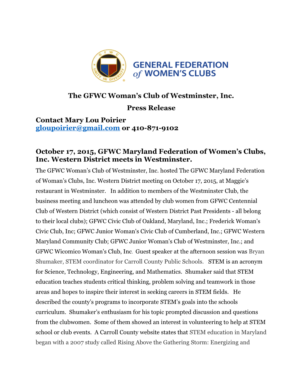 The GFWC Woman S Club of Westminster, Inc