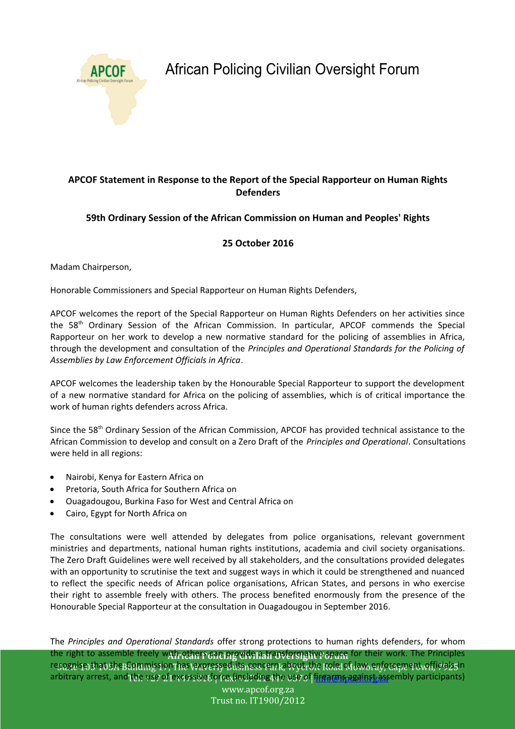 APCOF Statement in Response to the Report of the Special Rapporteur on Human Rights Defenders