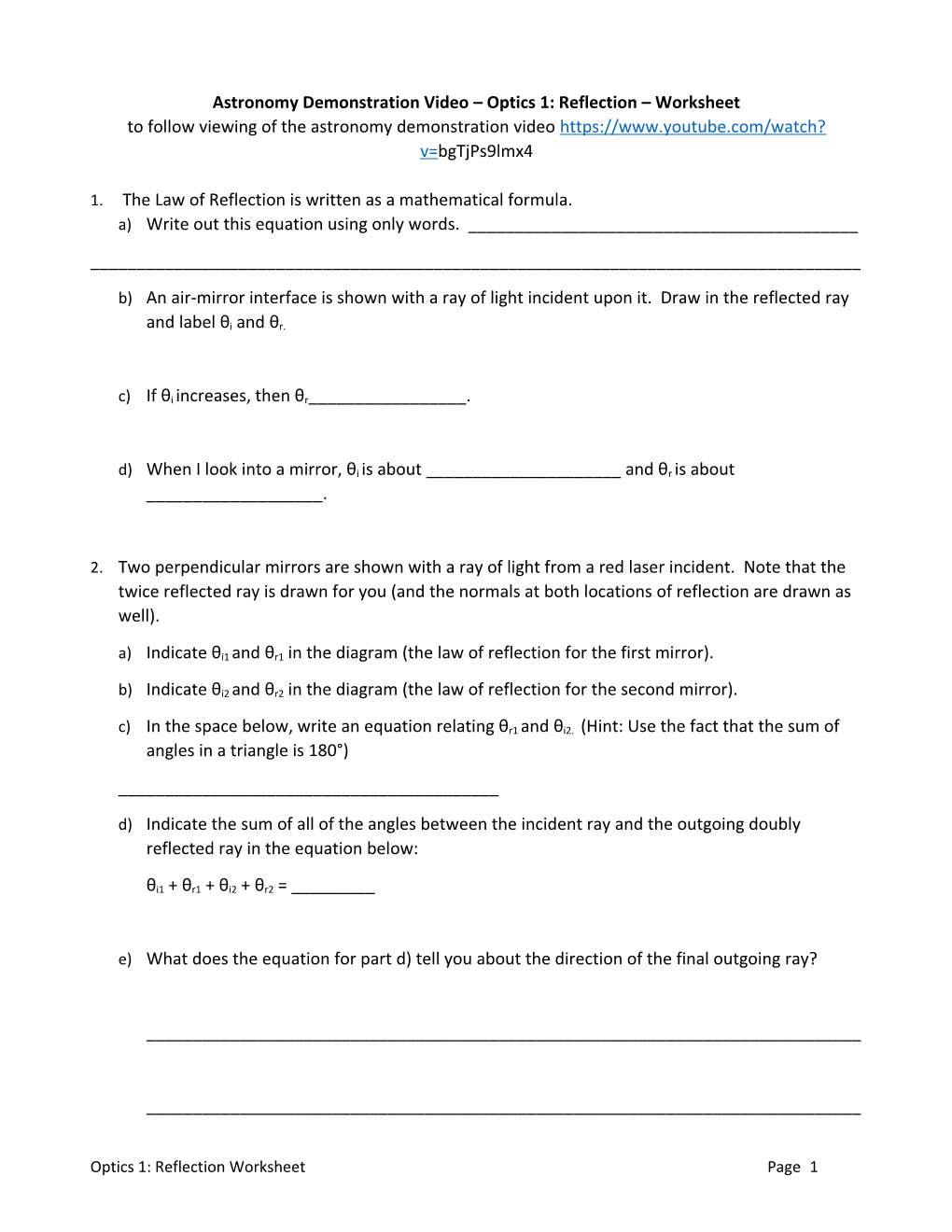 Astronomy Demonstration Video Optics 1: Reflection Worksheet