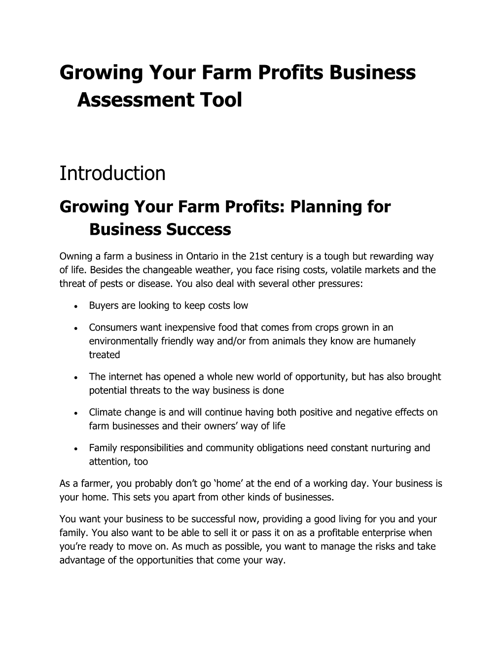 Growing Your Farm Profits Business Assessment Tool