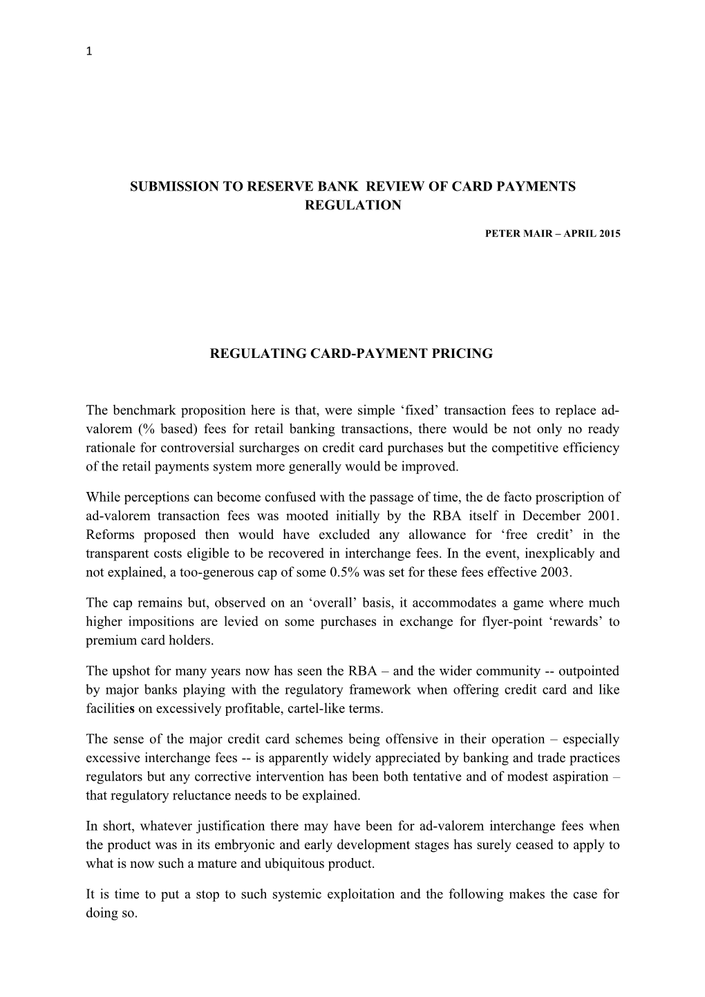 Submission to Reserve Bank Review of Card Payments Regulation