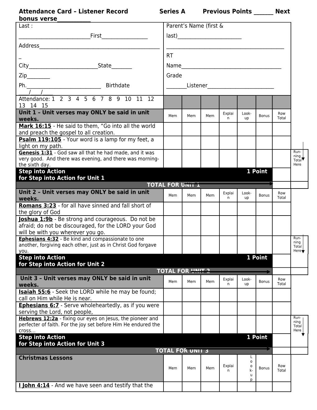 Attendance Card Listener Record Points from Front of Card _____