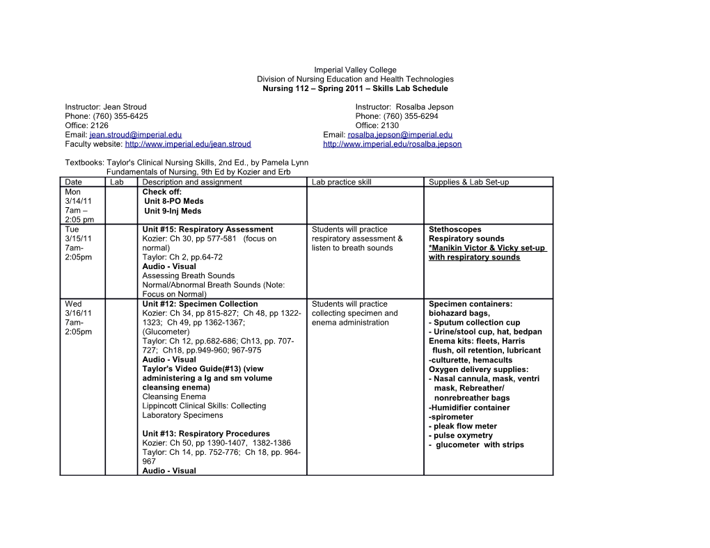 Nursing 112 Spring 2011 Skills Lab Schedule