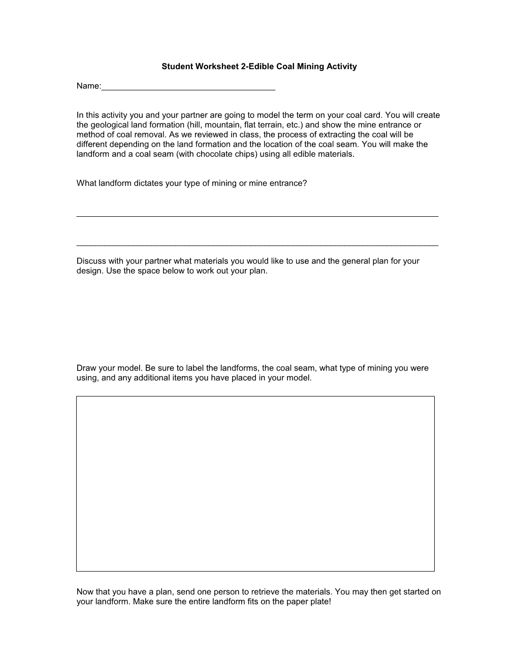 Student Worksheet 2-Edible Coal Mining Activity