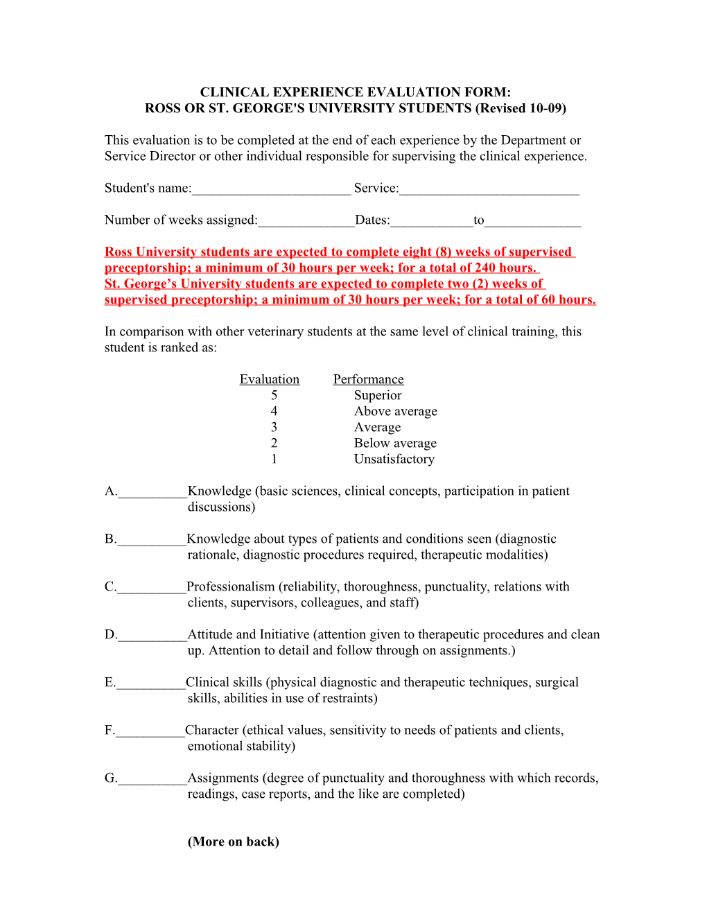 Clinical Experience Evaluation Form