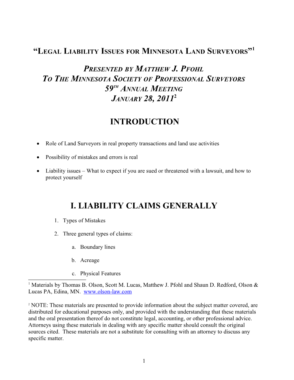 Legal Liability Issues for Minnesota Land Surveyors