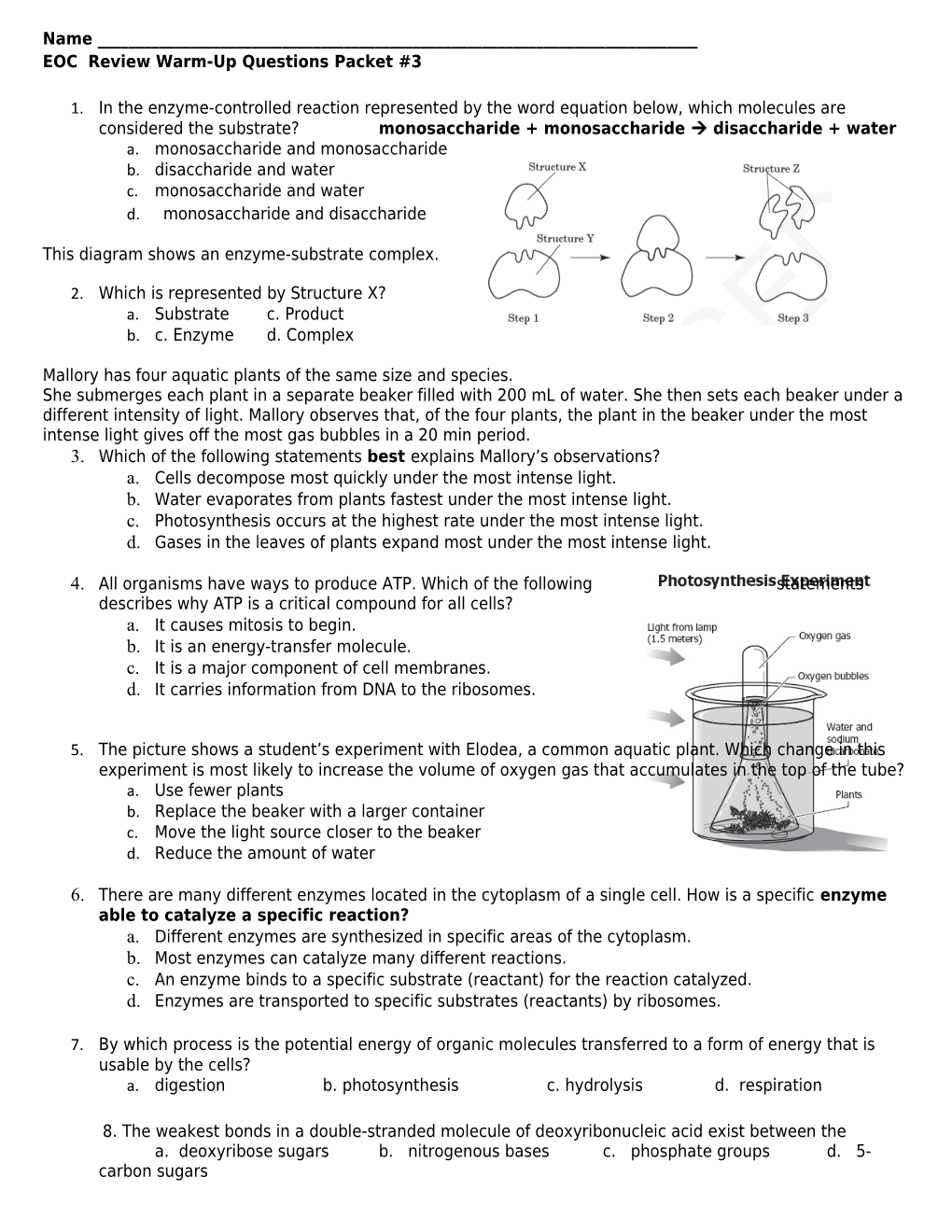 EOC Review Warm-Up Questions Packet #3