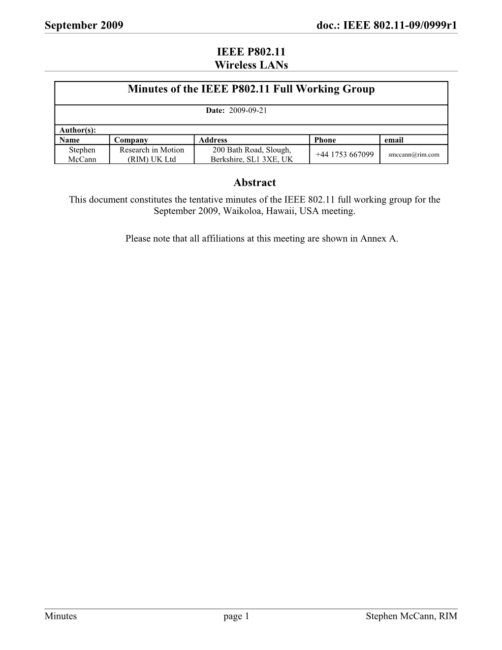 Minutes of the IEEE P802.11 Full Working Group s1