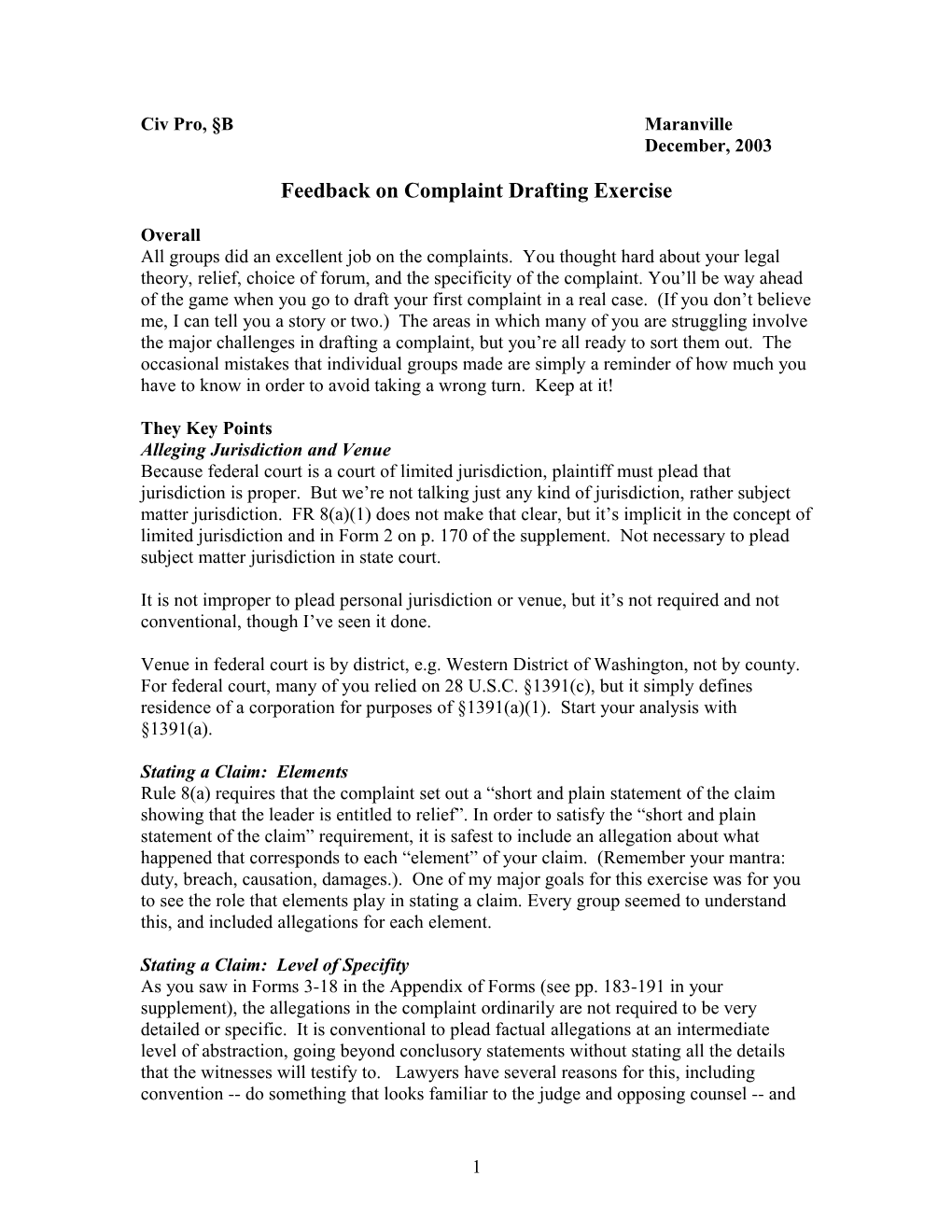 Feedback on Complaint Drafting Exercise