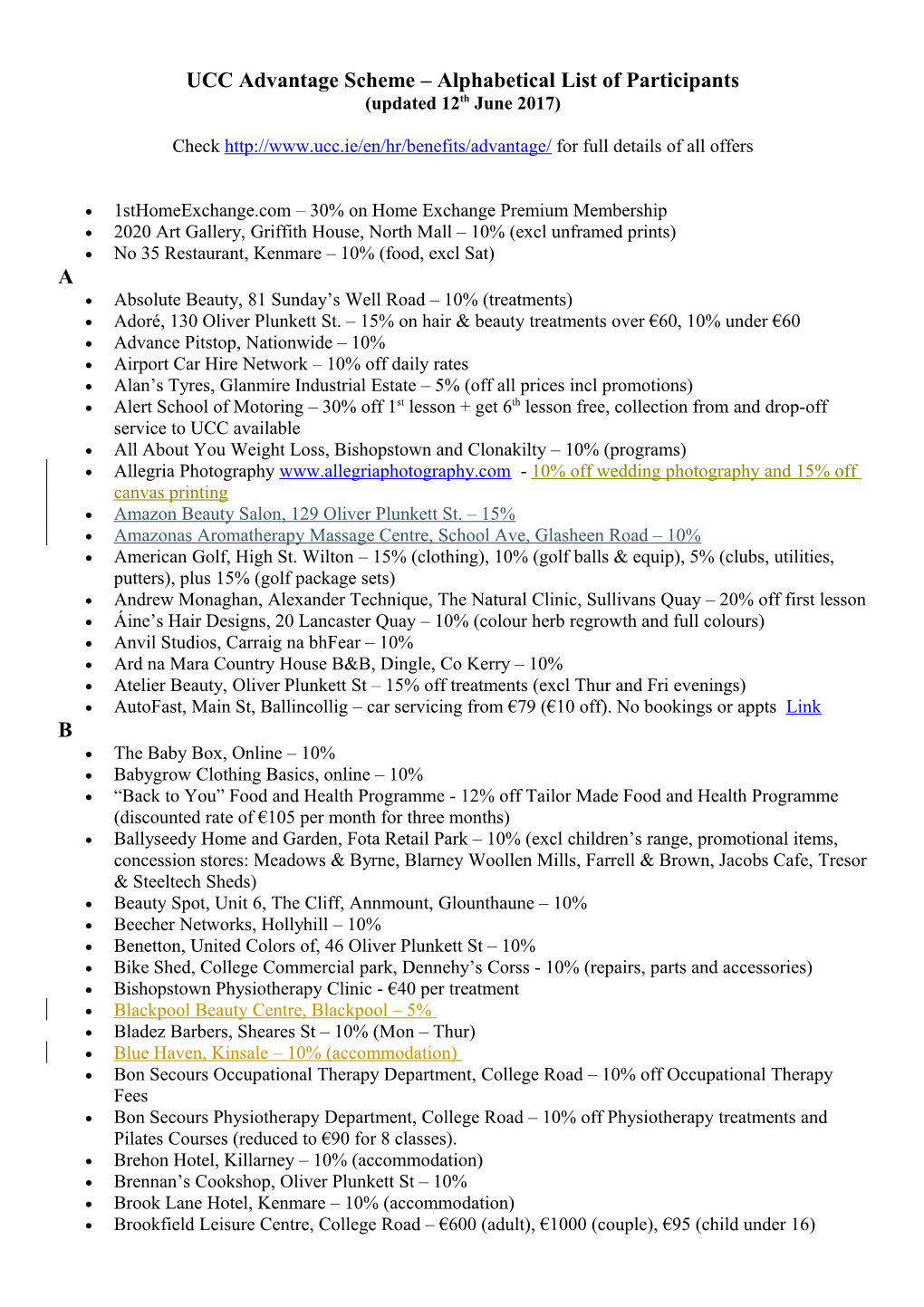 UCC Advantage Scheme - List Of Participants