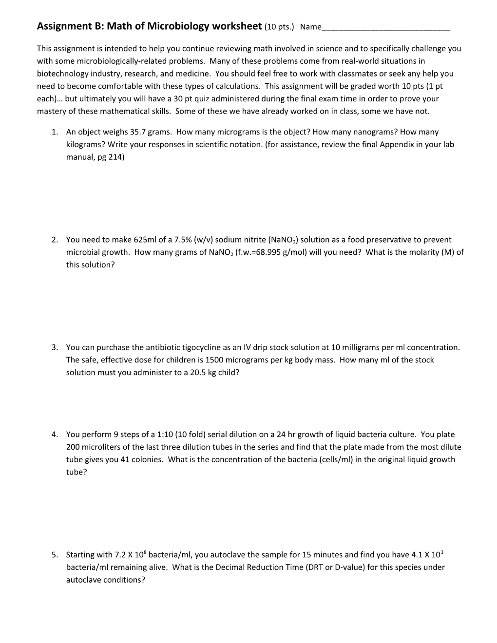 Assignment B: Math of Microbiology Worksheet (10 Pts.)Name______