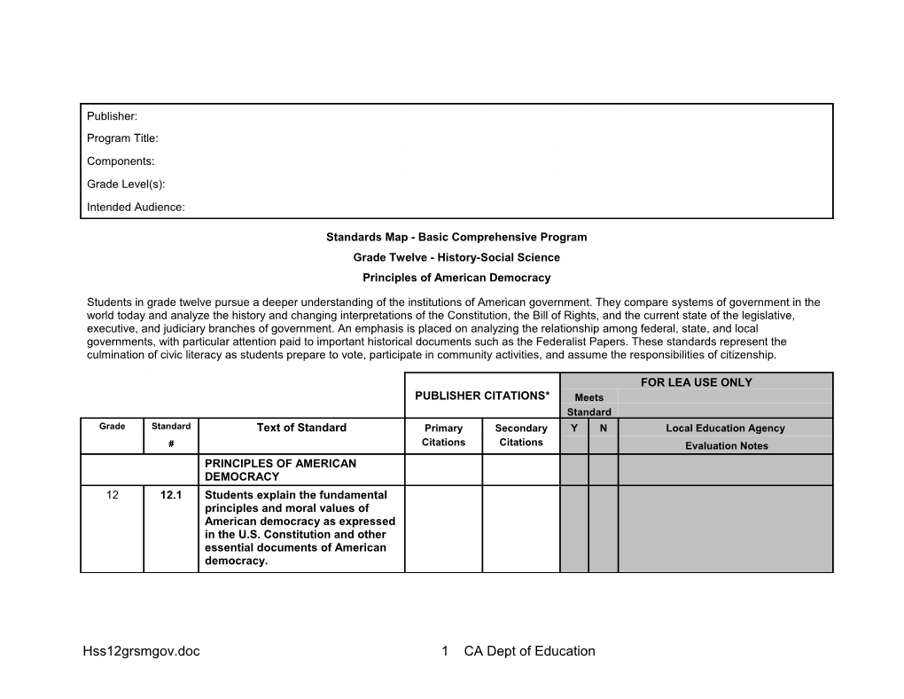 HSS Government Standards Map Grade 12 - Instructional Resources (CA Dept Of Education)