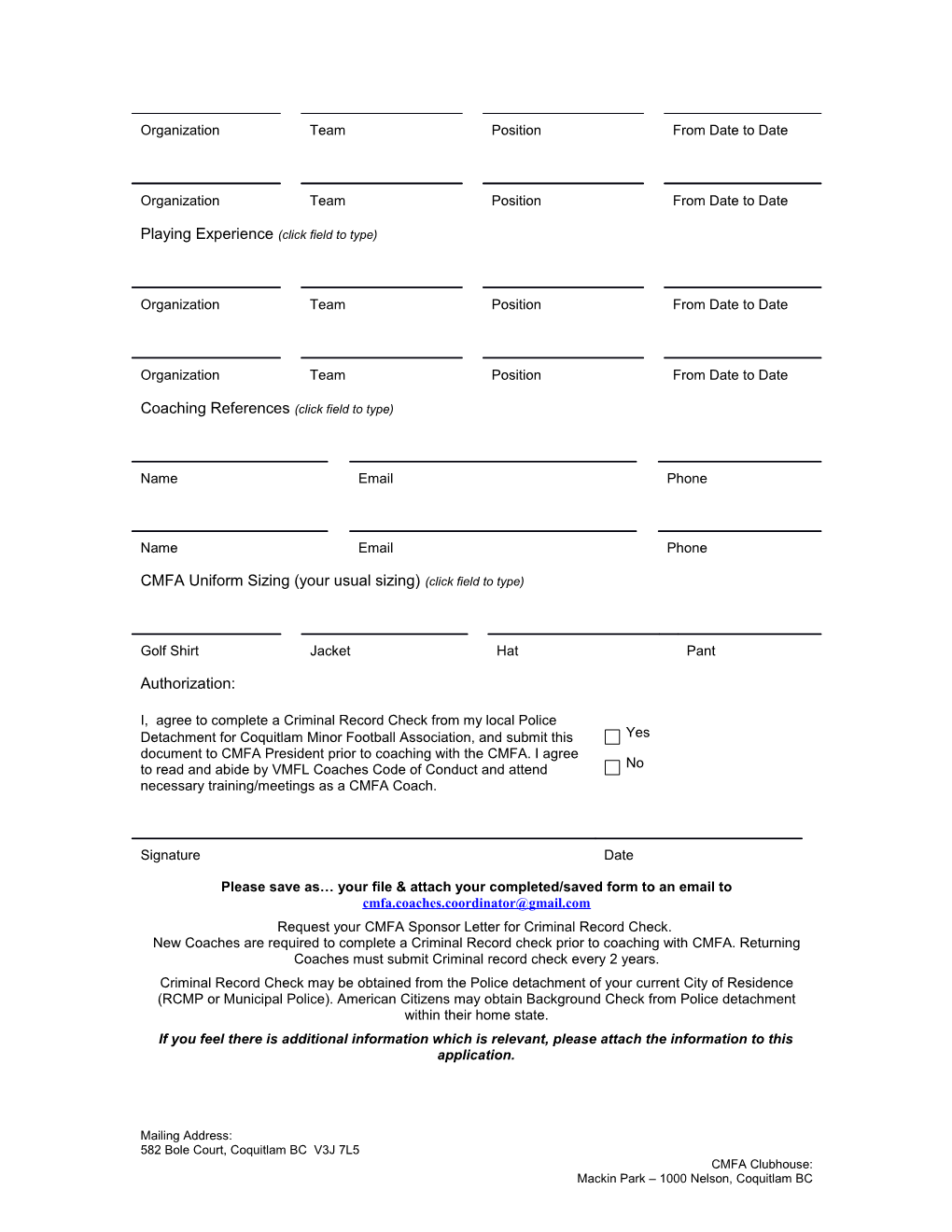 Coquitlam Minor Football Association2015 Coaching Staff Application/Registration Form