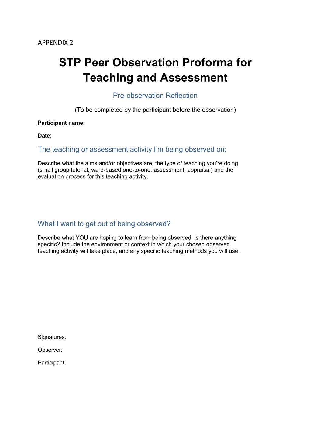 STP Peer Observation Proforma for Teaching and Assessment