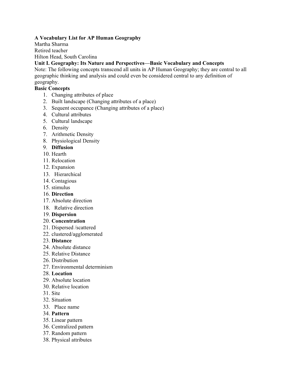 A Vocabulary List for AP Human Geography