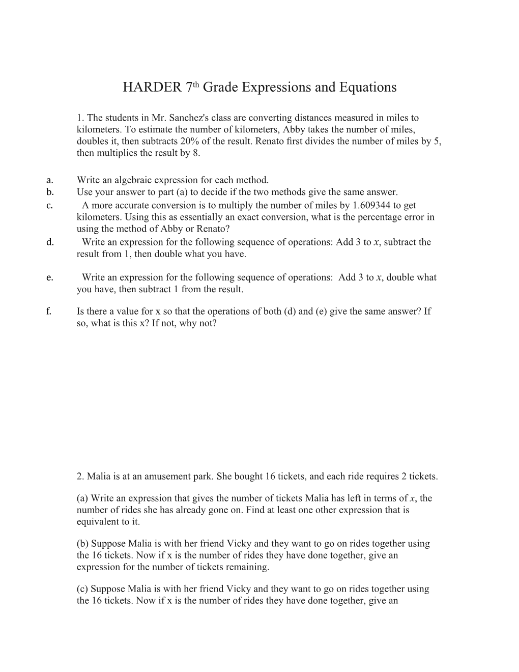 HARDER 7Th Grade Expressions and Equations