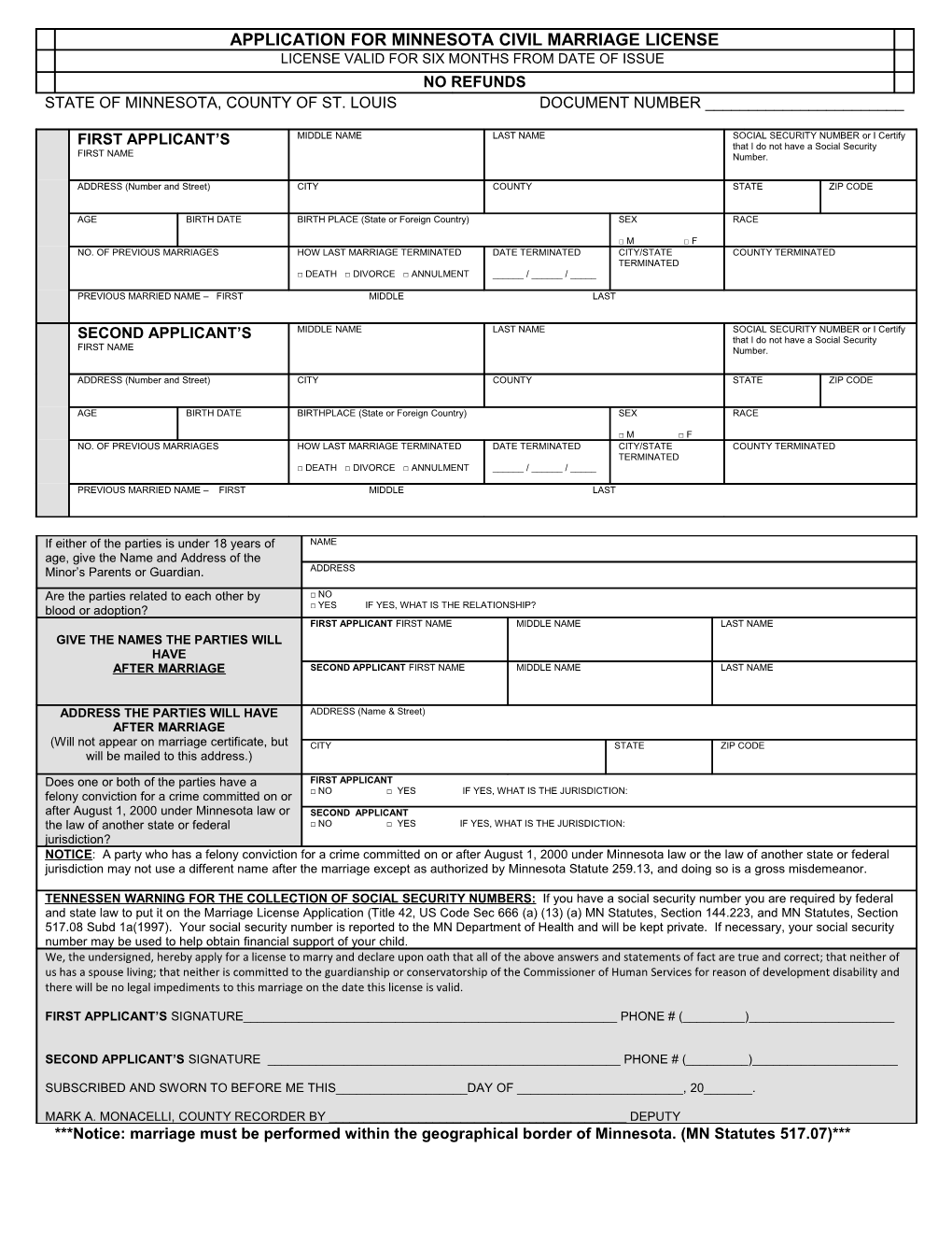 Application for Marriage License