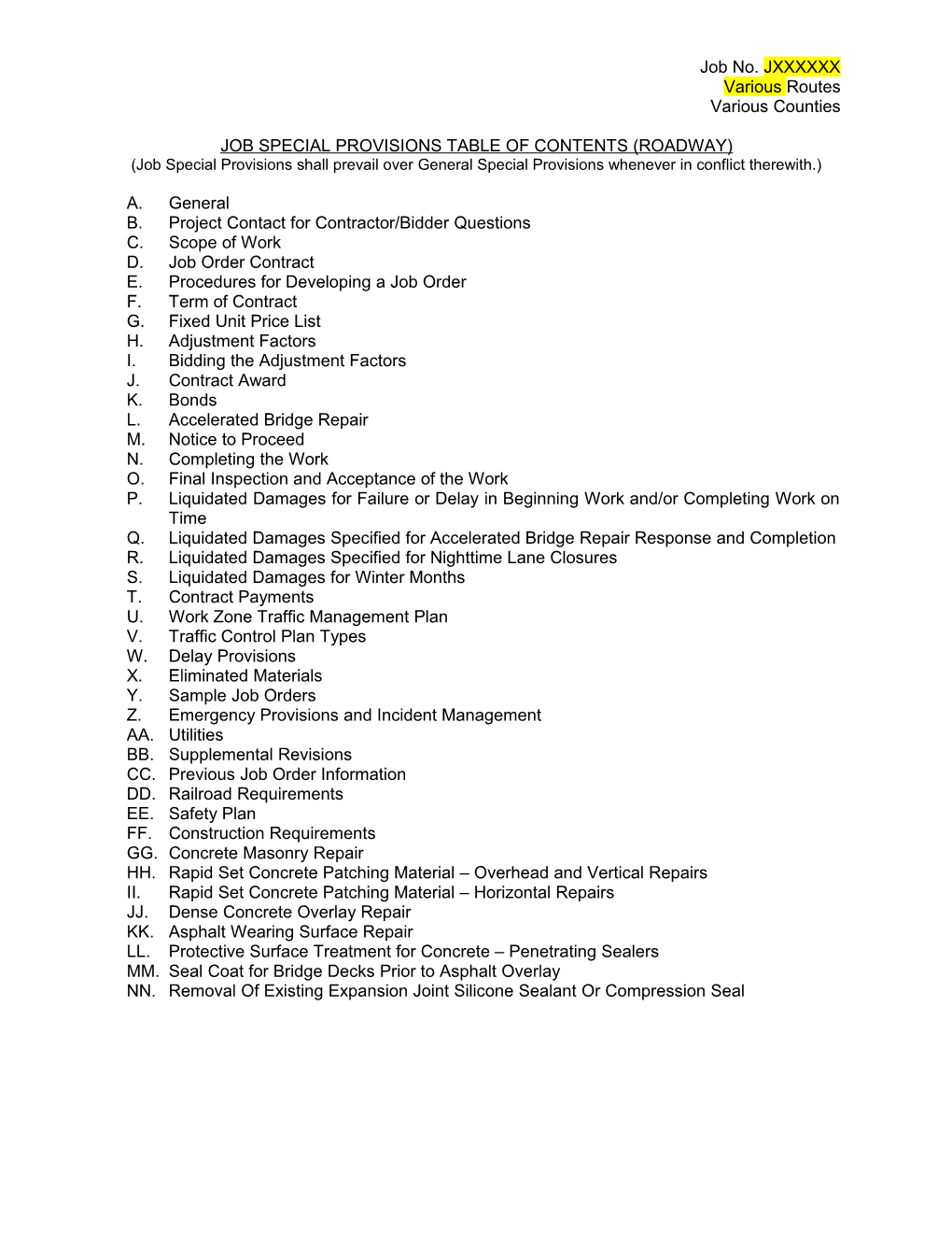 Job Special Provisions Table of Contents (Roadway)