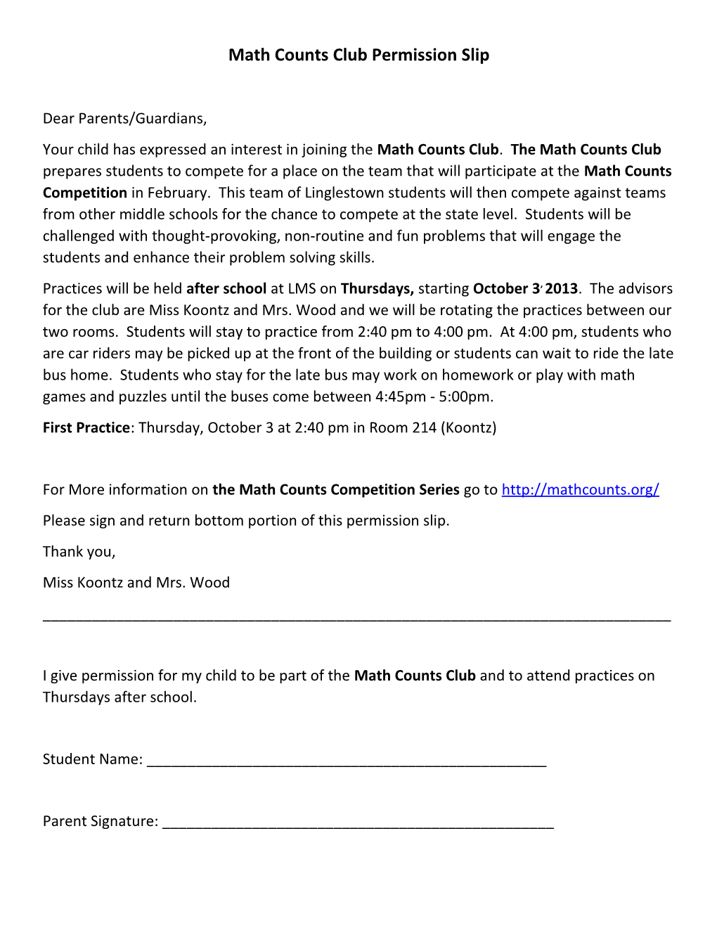 Math Counts Club Permission Slip