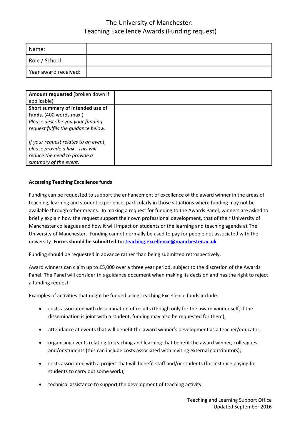 Teaching Excellence Awards (Funding Request)