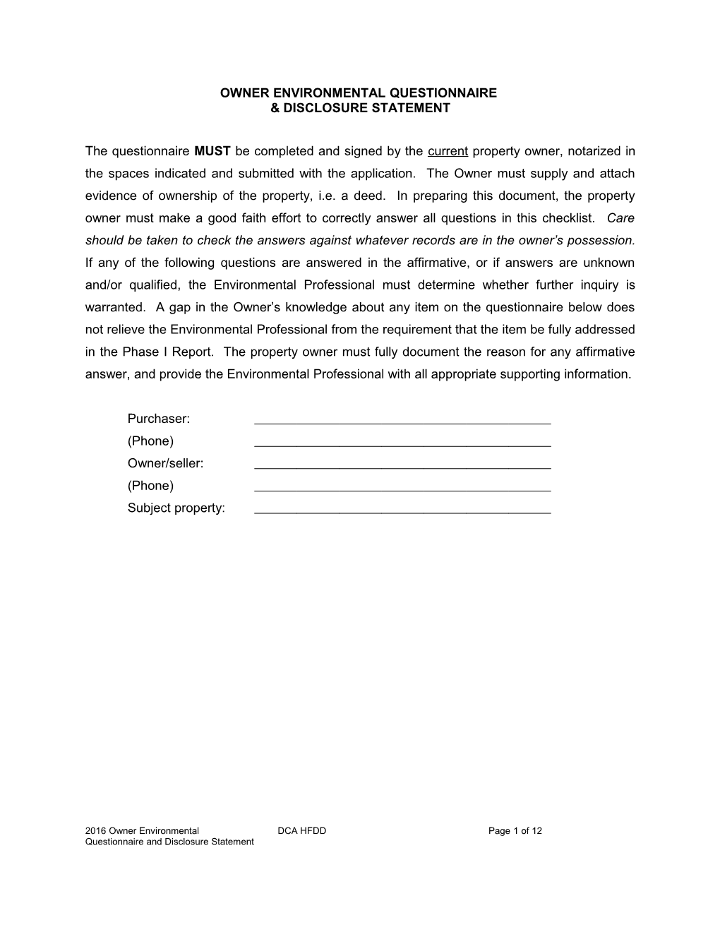 Owner Environmental Questionnaire & Disclosure Statement