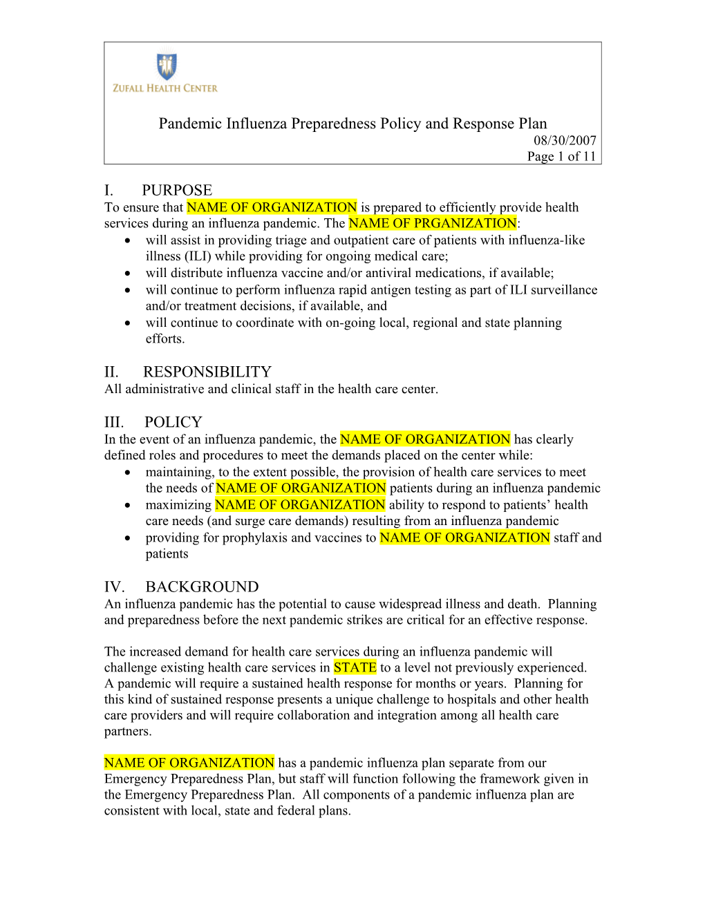 Pandemic Influenza Preparedness Policy and Response Plan