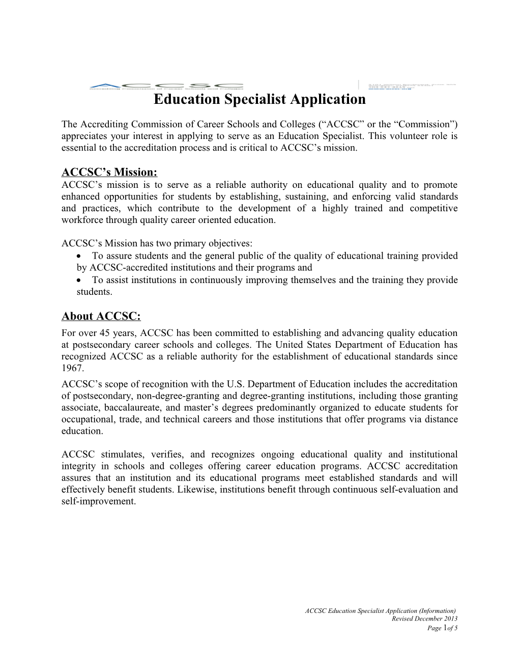 Education Specialist Application