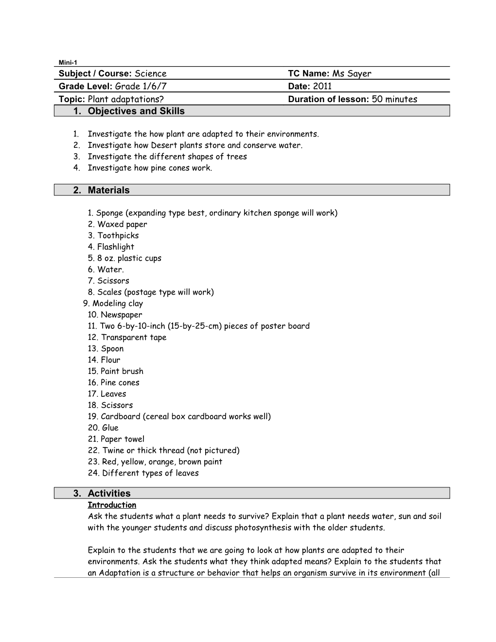 Faculty of Education Abridged Lesson Plan Template