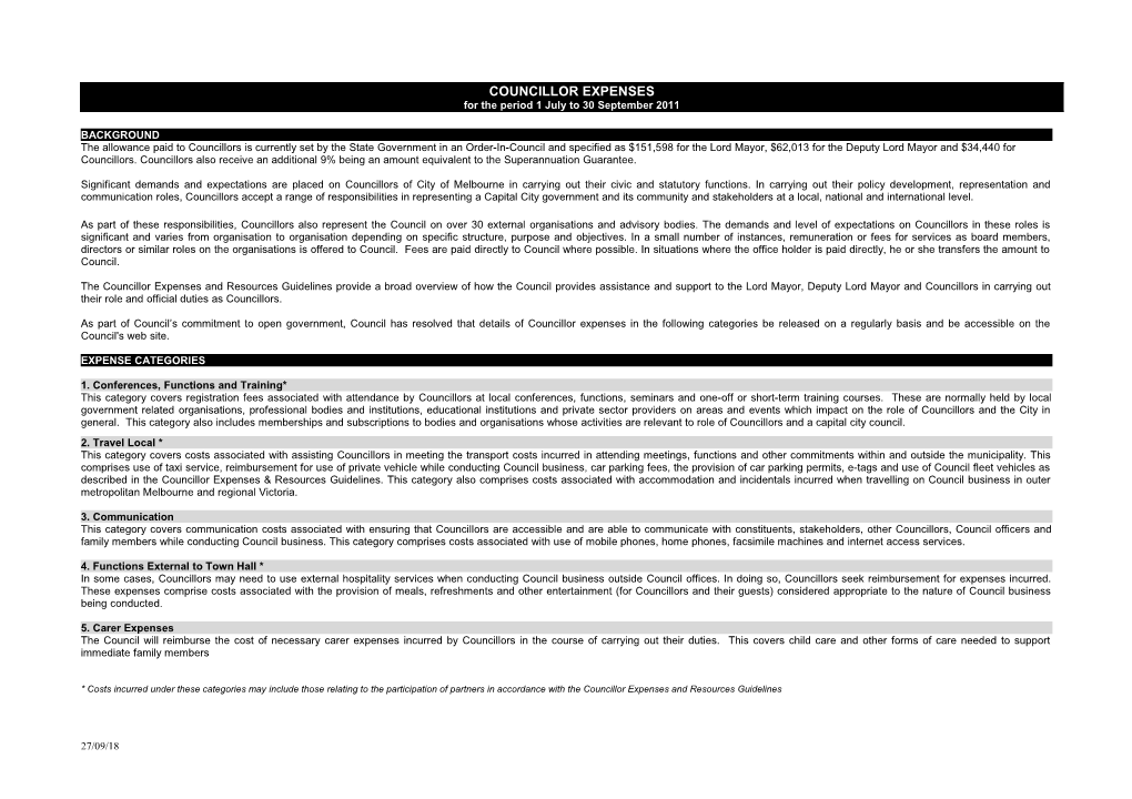 Councillor Expenses - 1 July to 30 September 2011