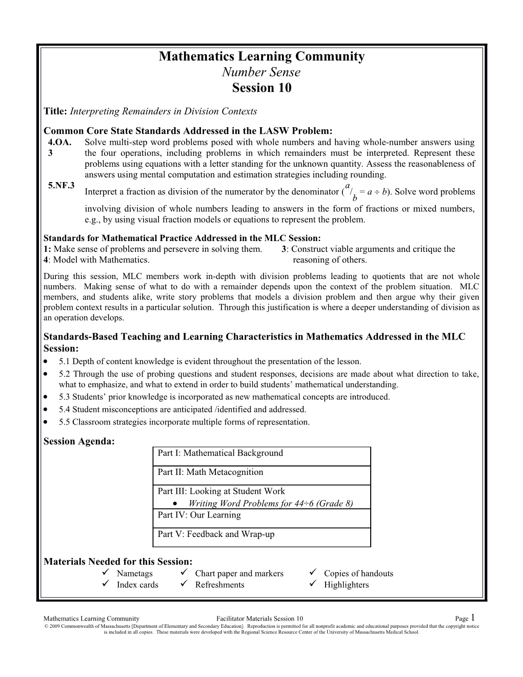 Mathematics Learning Community - Number Sense, Session 10