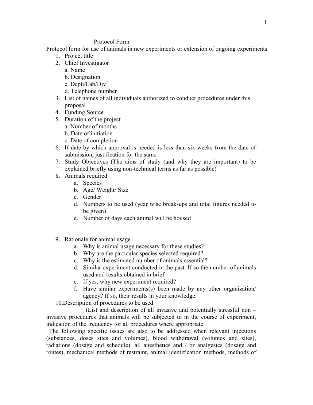 Protocol Form for Use of Animals in New Experiments Or Extension of Ongoing Experiments