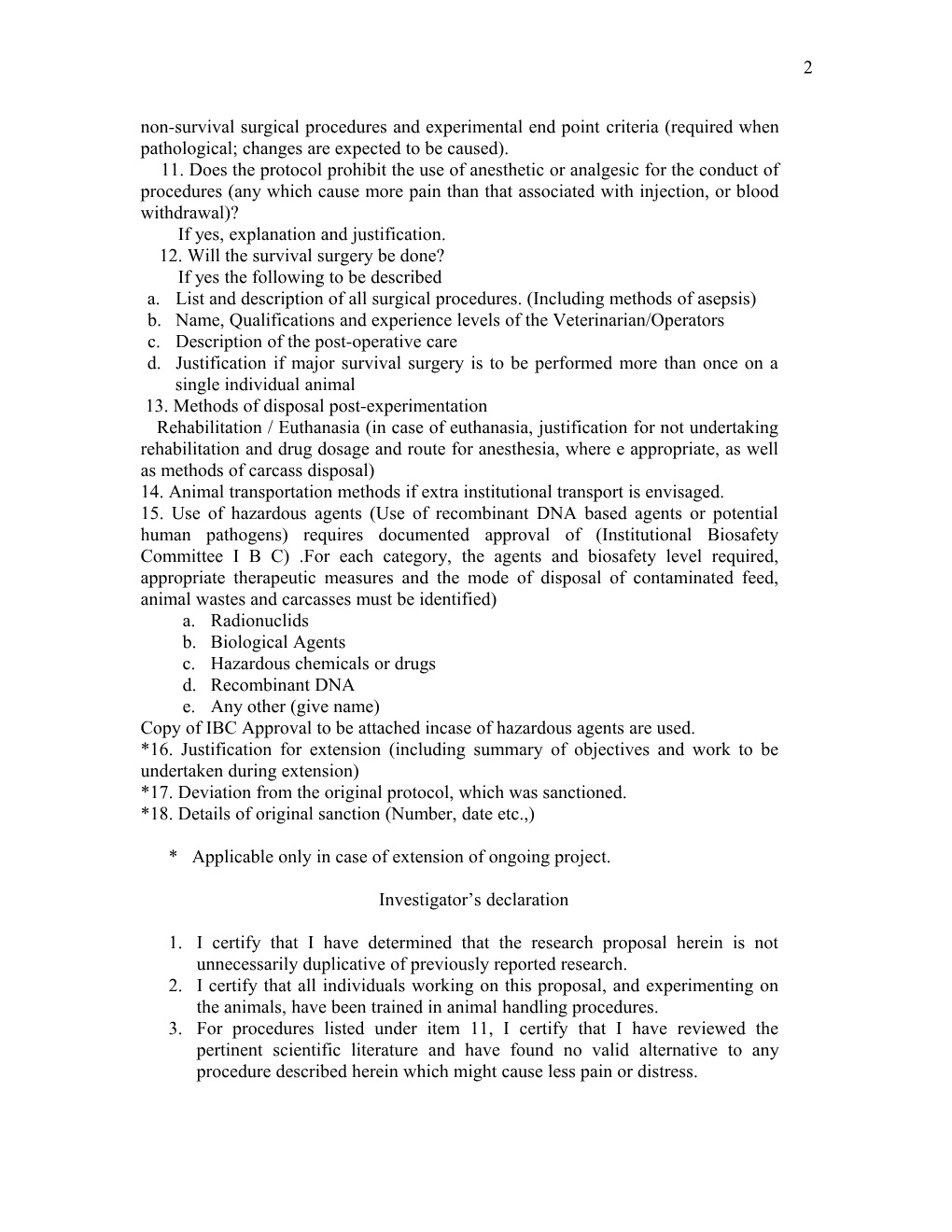 Protocol Form for Use of Animals in New Experiments Or Extension of Ongoing Experiments
