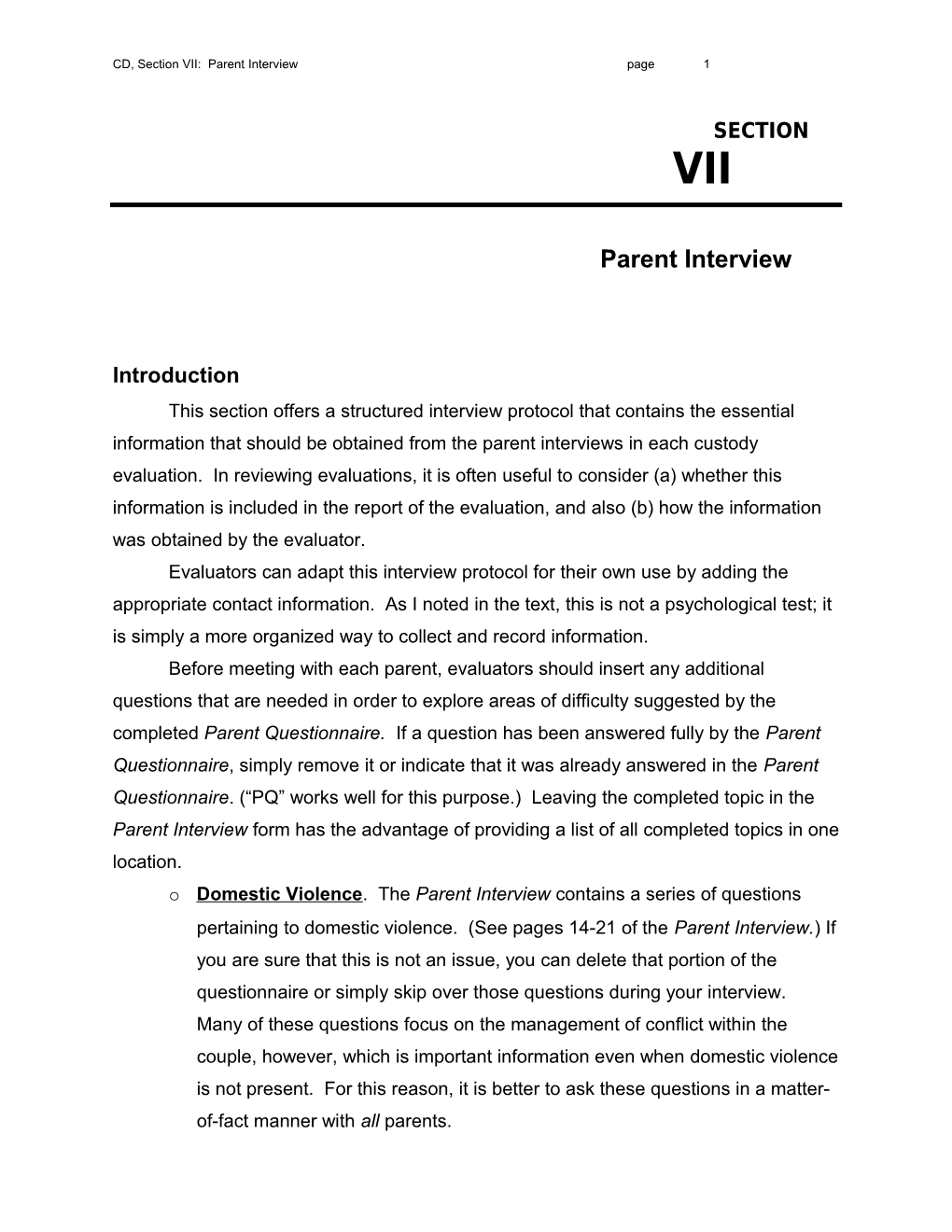 CD, Section VII: Parent Interview Page 1