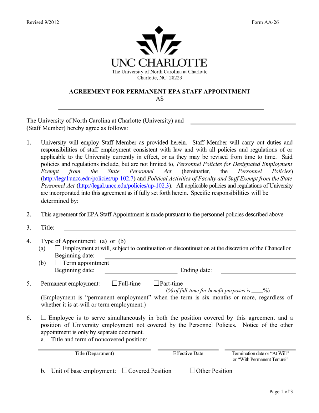 Agreement for Permanenet EPA Staff Appointment