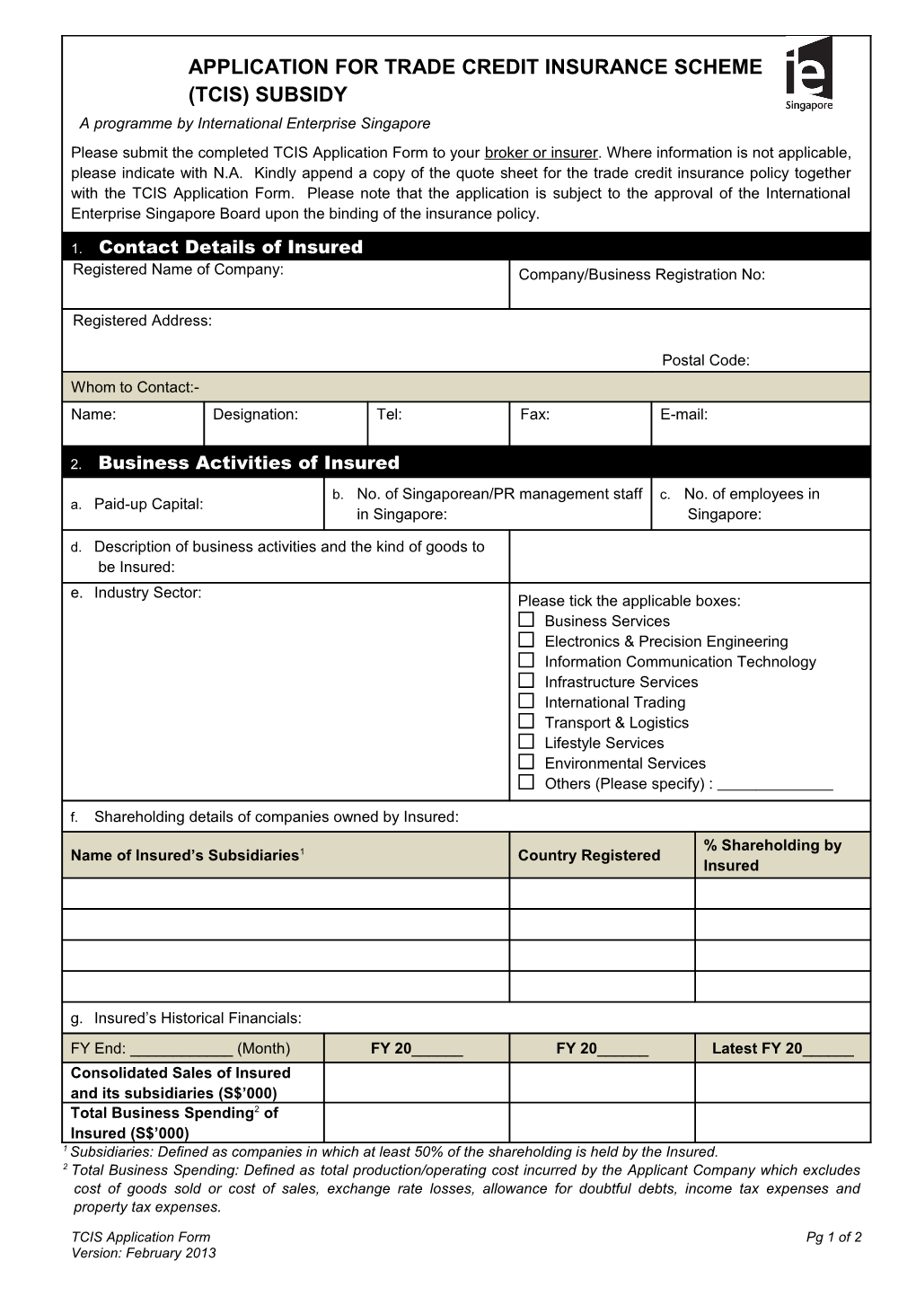 APPLICATION for Trade Credit Insurance Scheme (Tcis) Subsidy