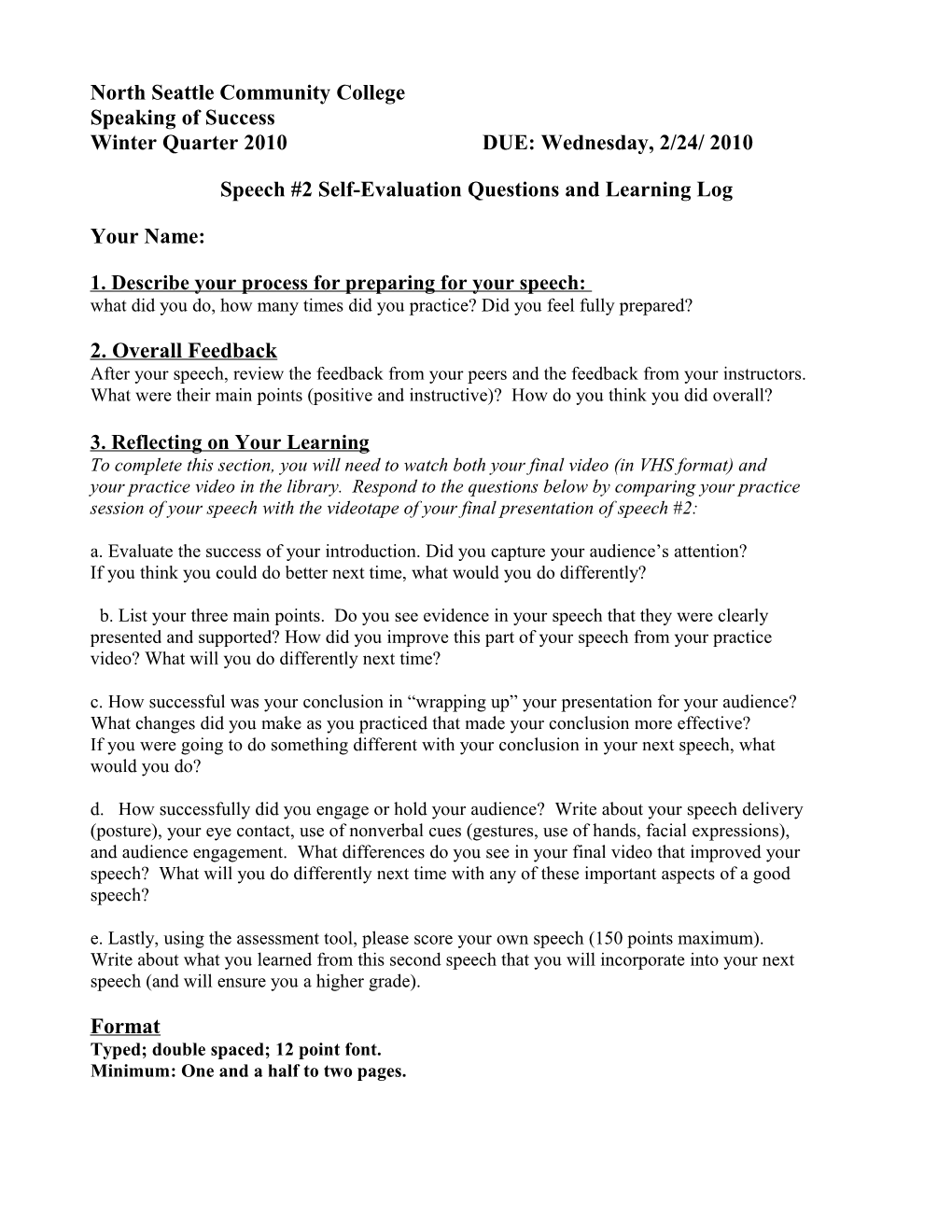 Speech #2 Self-Evaluation Questions and Learning Log