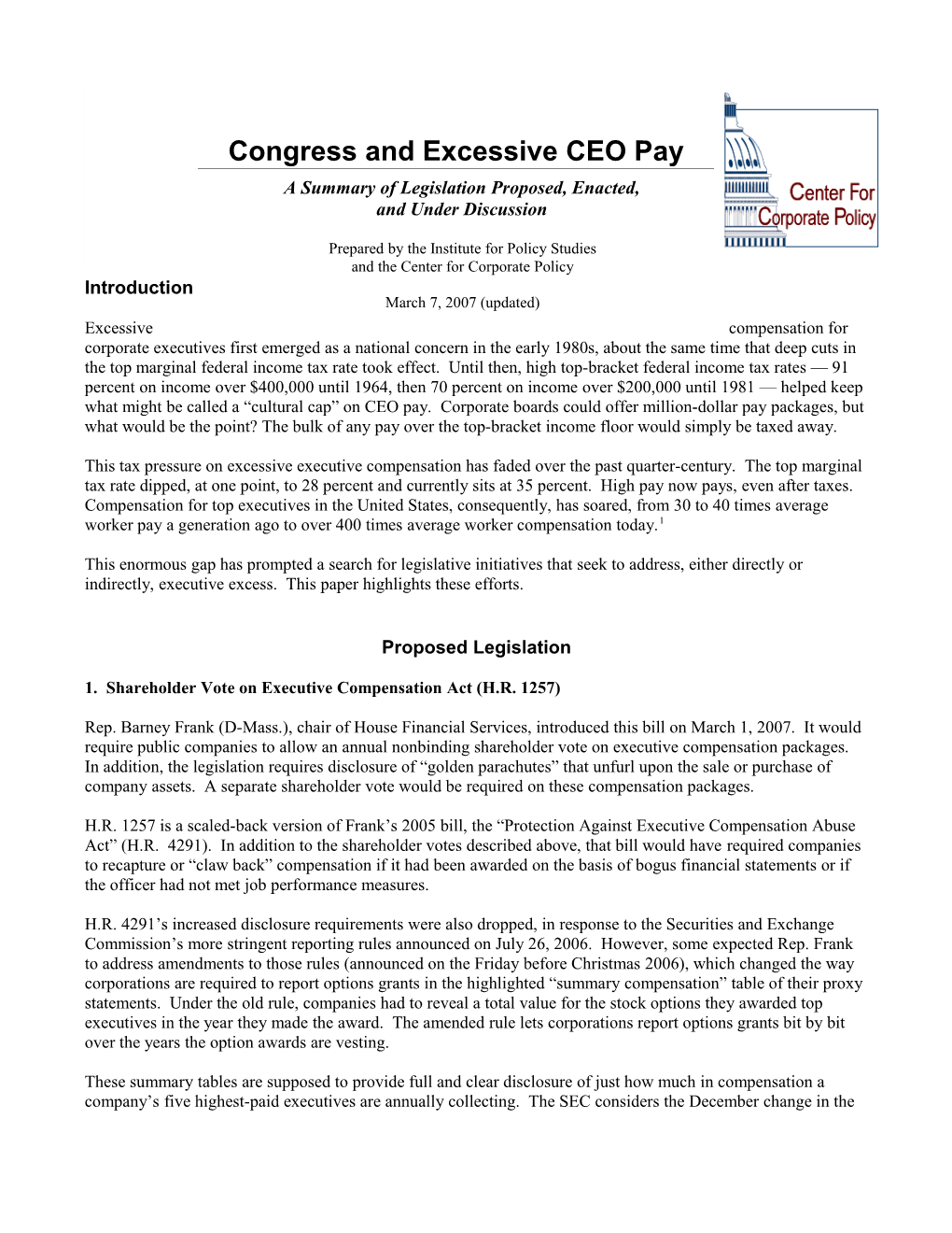 Congress and Excessive CEO Pay