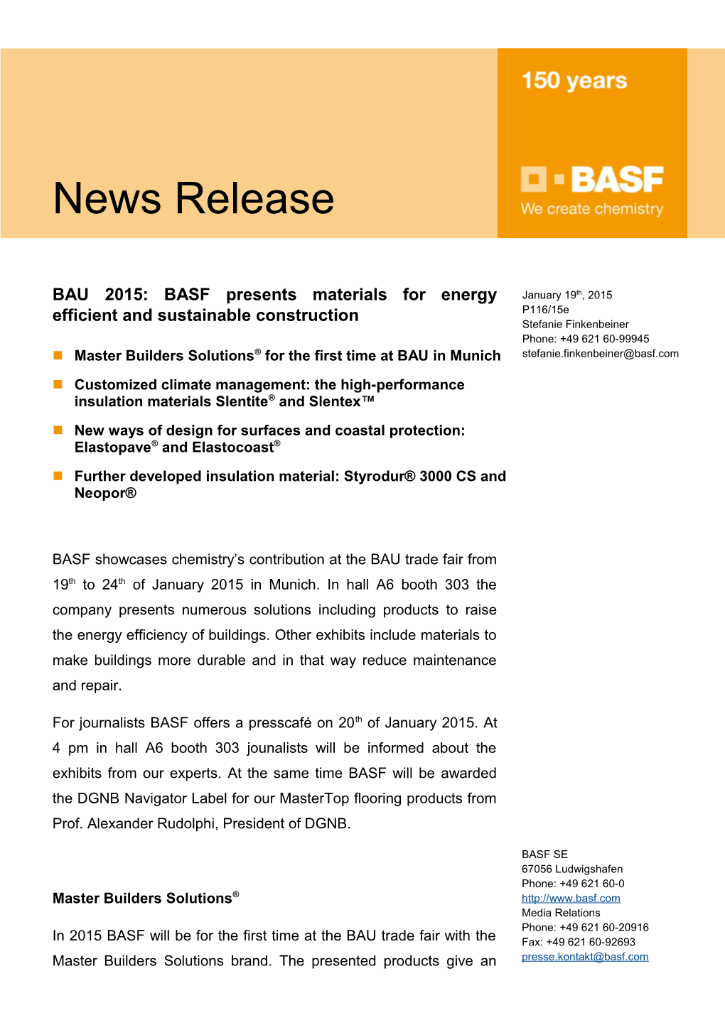 BAU 2015: BASF Presents Materials for Energy Efficient and Sustainable Construction