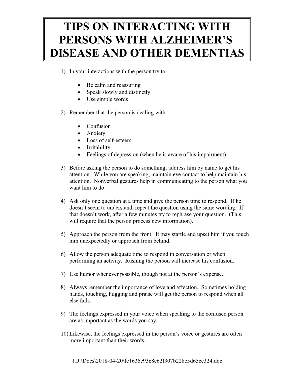 Tips on Interactin with Persons with Alzheimer S