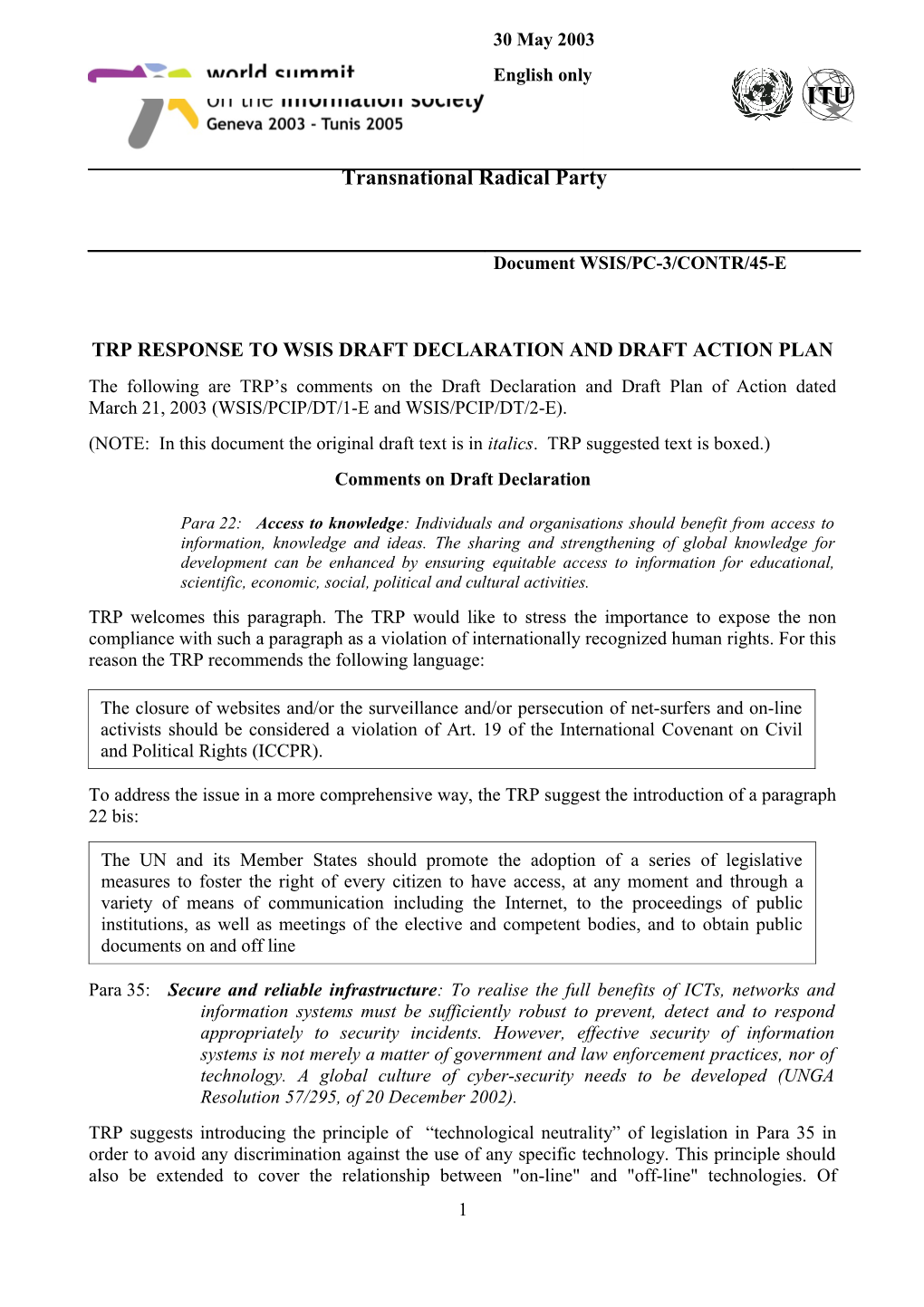 Trp Response to Wsis Draft Declaration and Draft Action Plan
