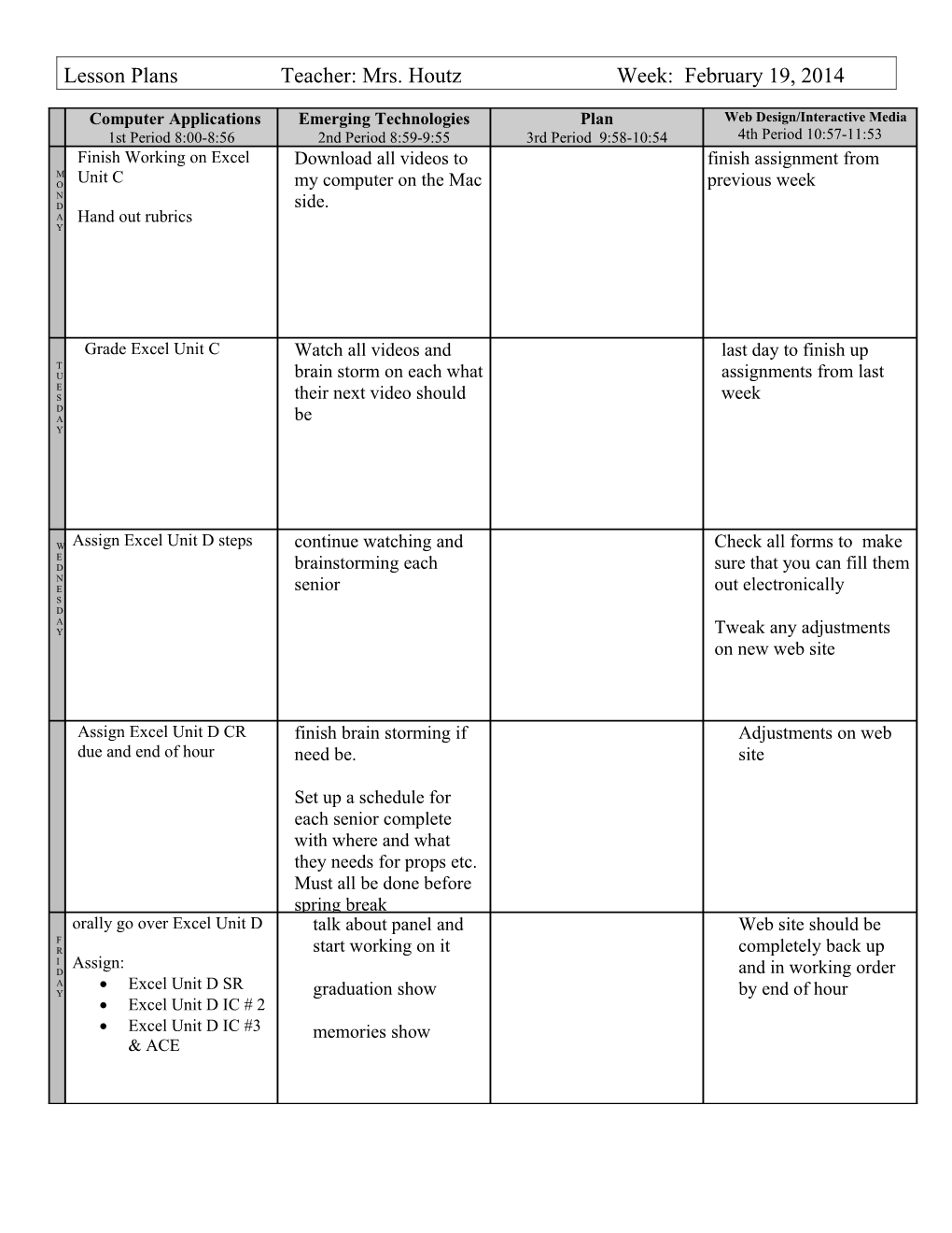 Lesson Plans Teacher: Mrs. Houtz Week: February 19, 2014