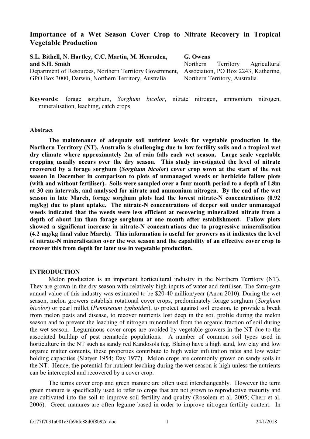 Importance of a Wet Season Cover Crop to Nitrate Recovery in Tropical Vegetable Production