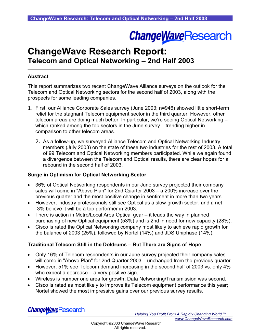 Changewave Research: Telecom and Optical Networking 2Nd Half 2003