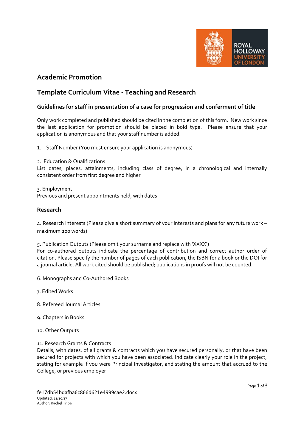 Template Curriculum Vitae - Teaching and Research