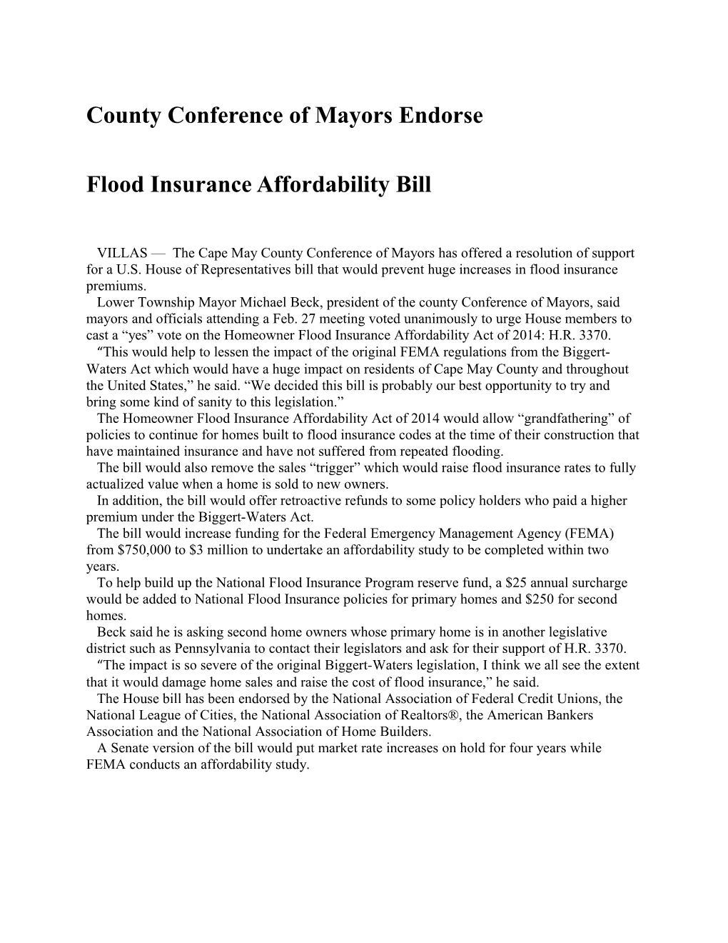 County Conference of Mayors Endorse