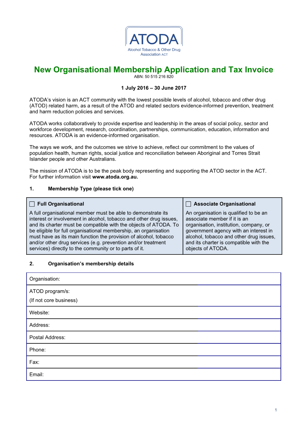 New Organisational Membership Application and Tax Invoice