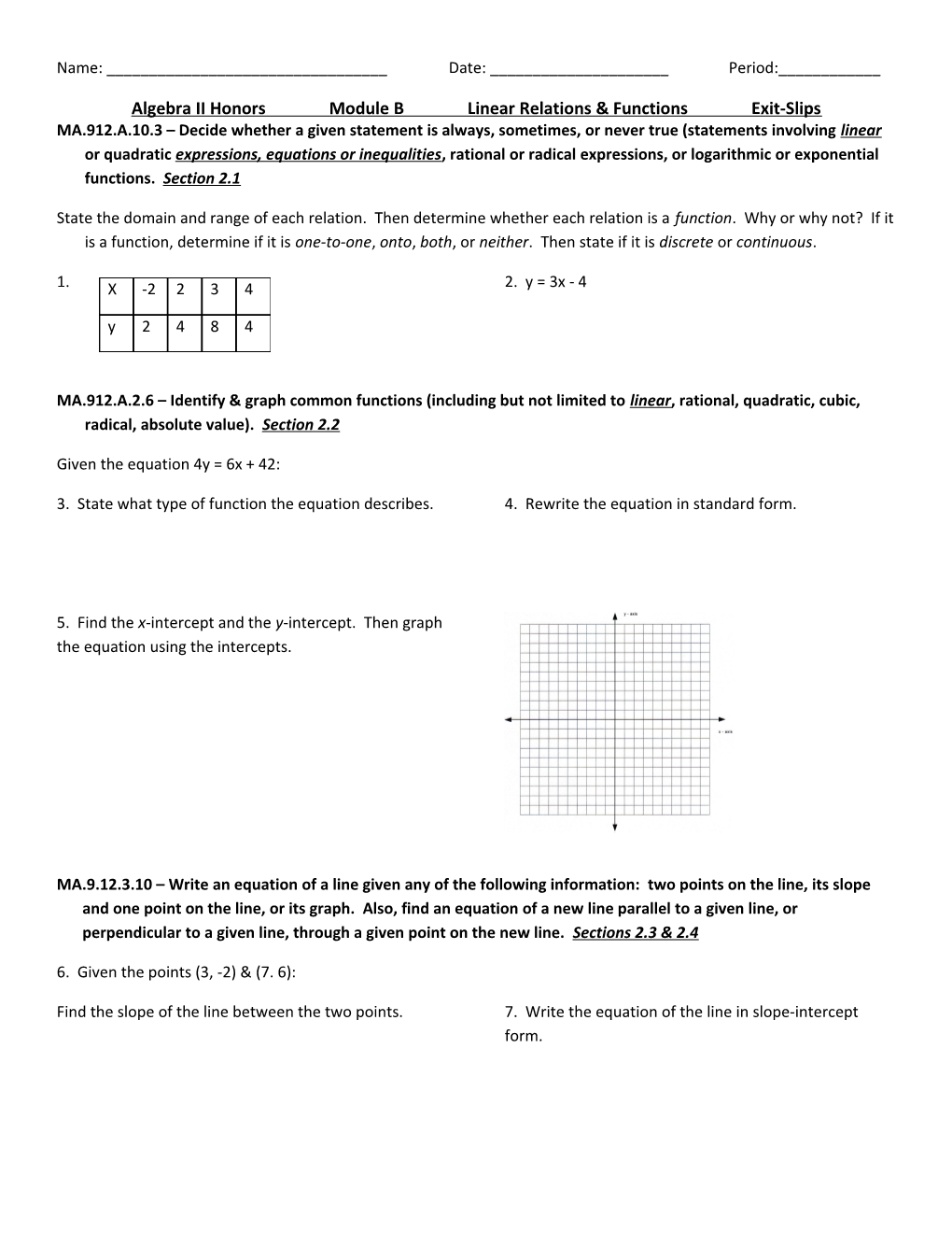 Algebra II Honors Module B Linear Relations & Functions Exit-Slips