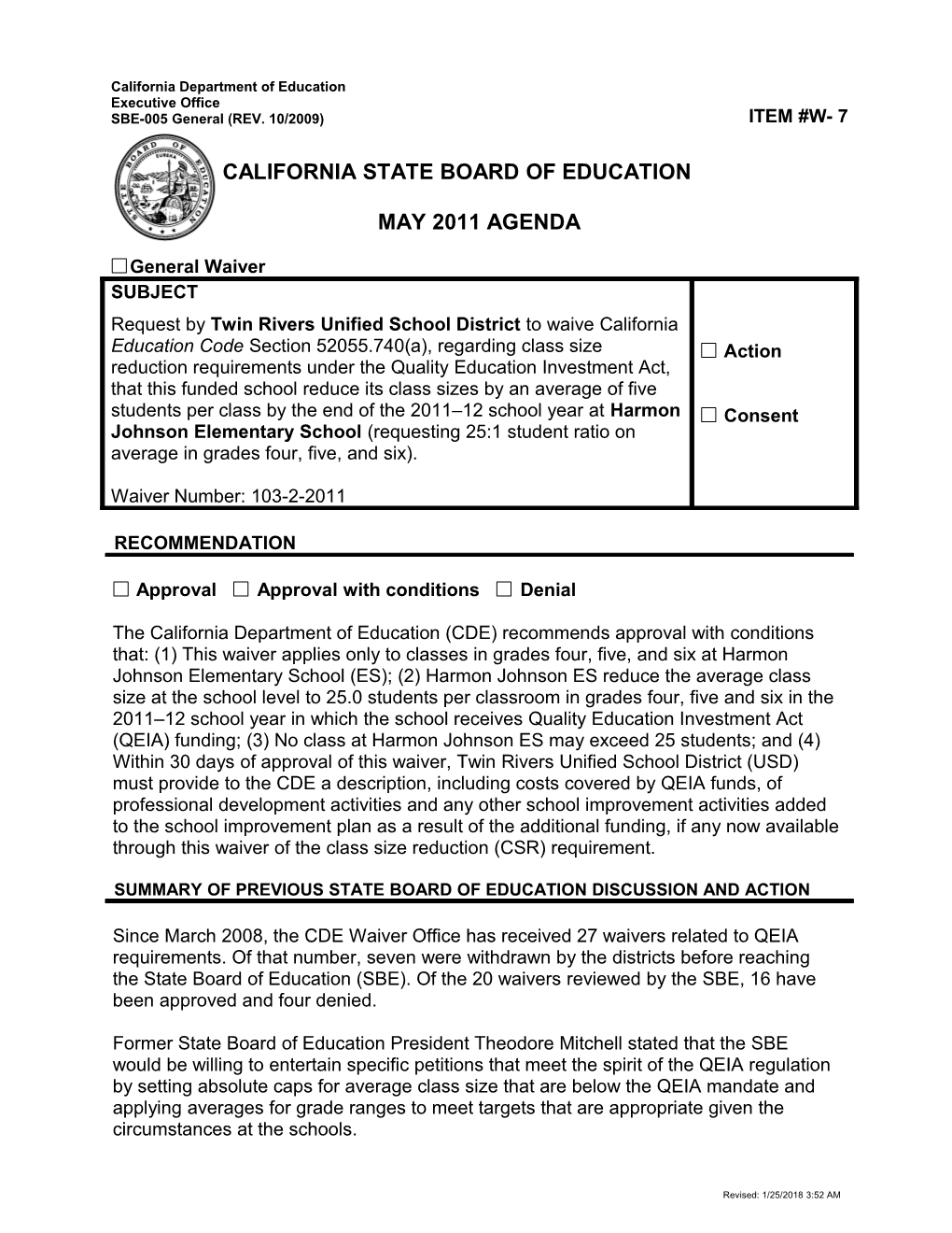 May 2011 Agenda Item W7 - Meeting Agendas (CA State Board of Education)